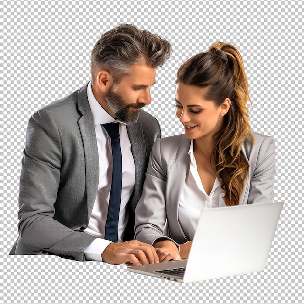 Businessman and woman using laptop