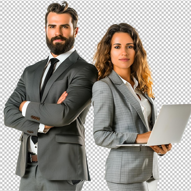 PSD businessman and woman using laptop