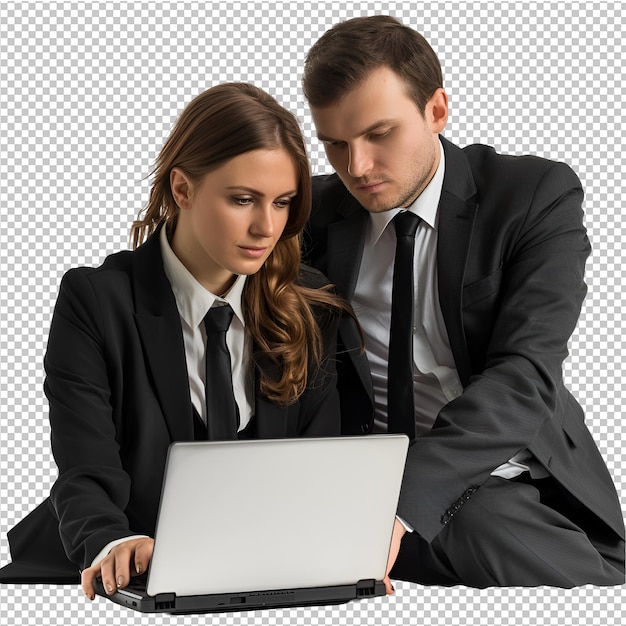 PSD businessman and woman using laptop