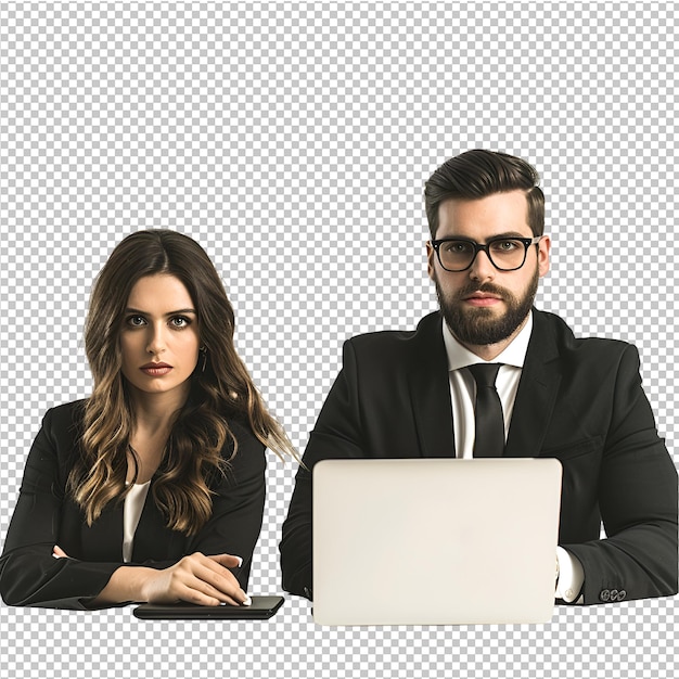 PSD businessman and woman using laptop