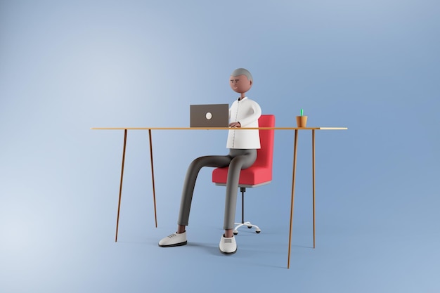 Businessman working on laptop while sitting at desk on isolated background Business concept 3d render cartoon character