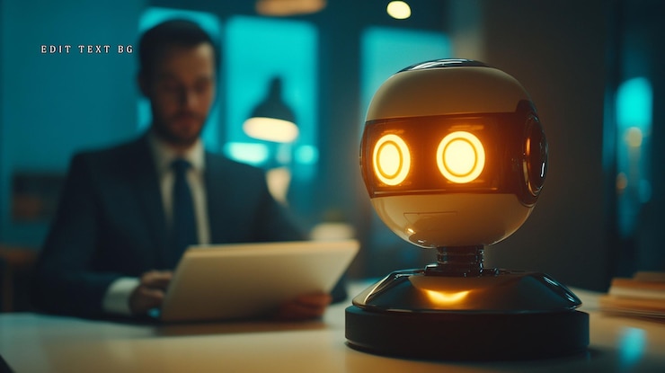 PSD businessman working on laptop with futuristic robot