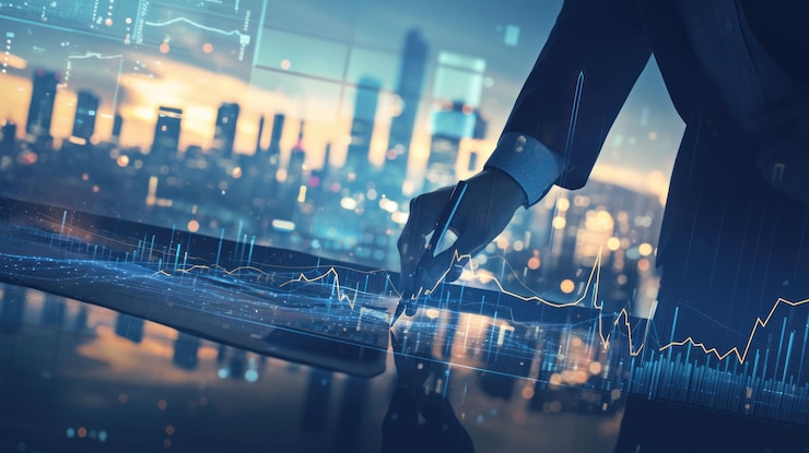 PSD a businessman working on a tablet with a stylus analyzing financial data and charts on a digital screen with a city skyline in the background