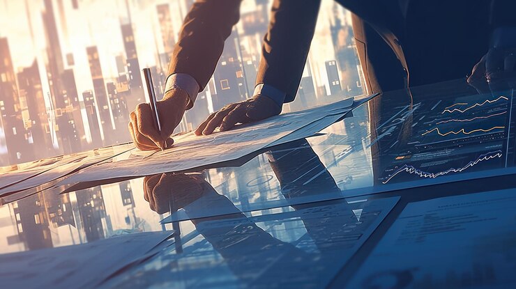 PSD a businessmans hand signing a document with a cityscape and charts in the background