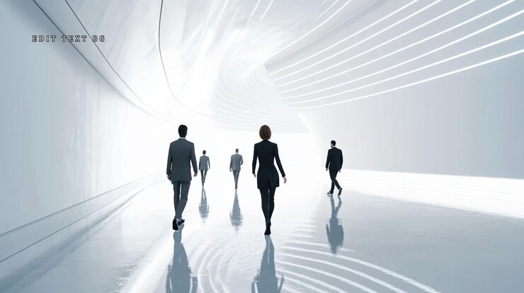 PSD businesspeople walking through a futuristic bright white tunnel