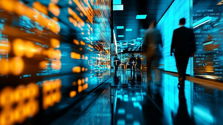 PSD businesspeople walking through a futuristic data center with glowing digital screens