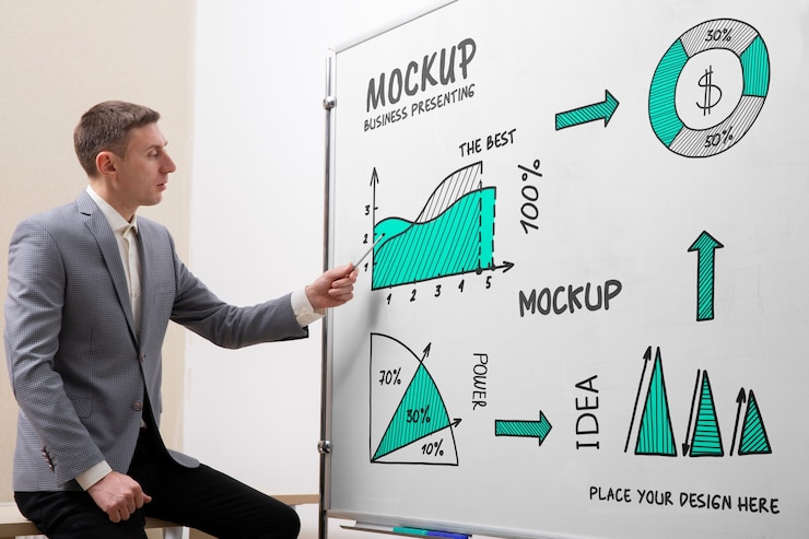 PSD businessperson presenting in a meeting on big white board mockup