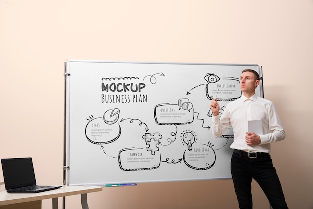 PSD businessperson presenting in a meeting on big white board mockup