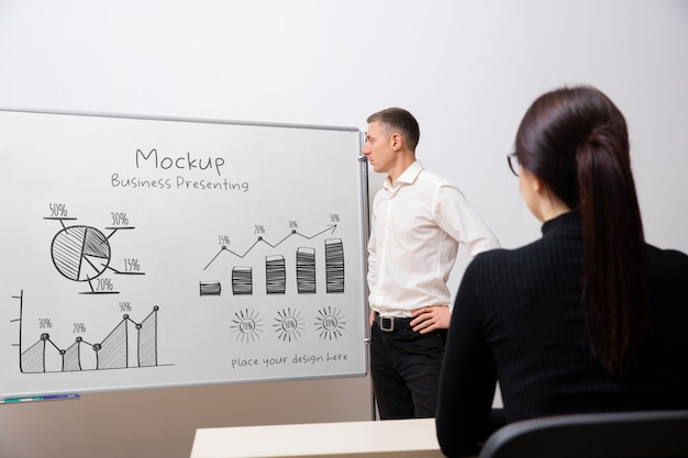 PSD businessperson presenting in a meeting on big white board mockup