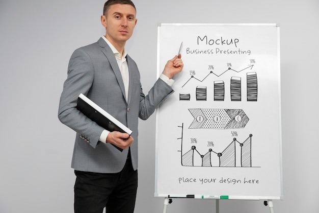 PSD businessperson presenting in a meeting on big white board mockup