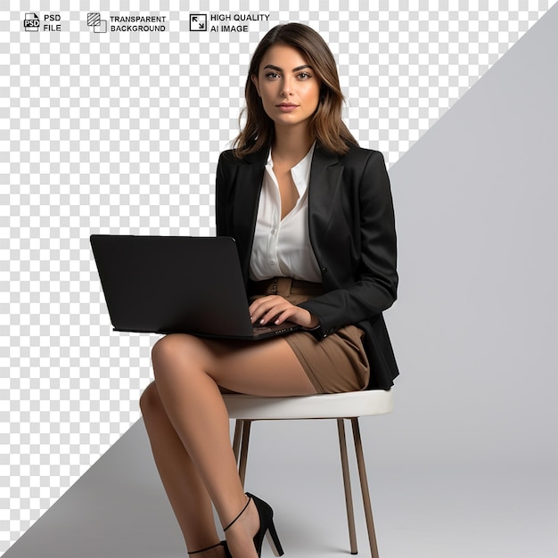 PSD donna d'affari in cappotto nero che usa un portatile isolato sullo sfondo trasparente