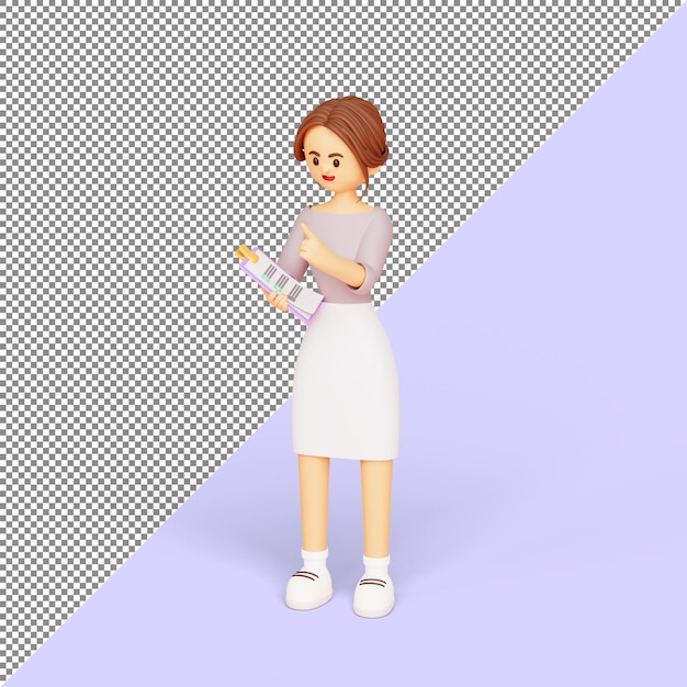 PSD businesswoman character holding checklist clipboard 3d illustration cartoon