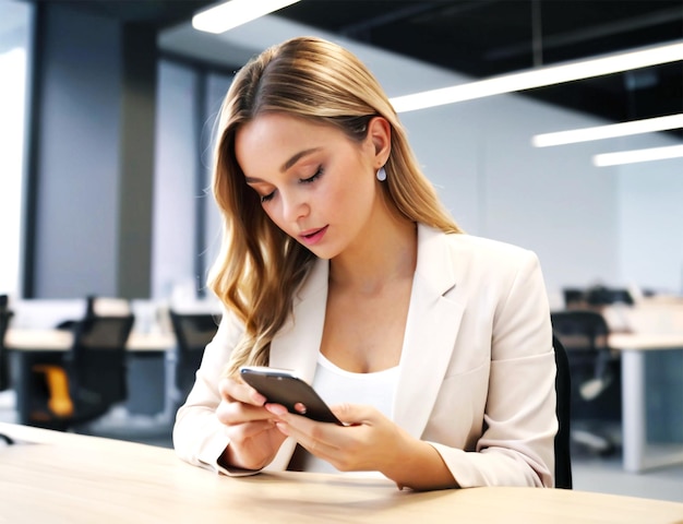 PSD businesswoman dressed in white blouse and with long straight hair sits at the table with cup of coff