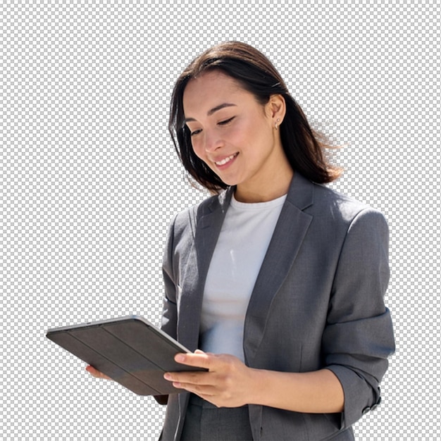 businesswoman in a gray suit looking at a tablet