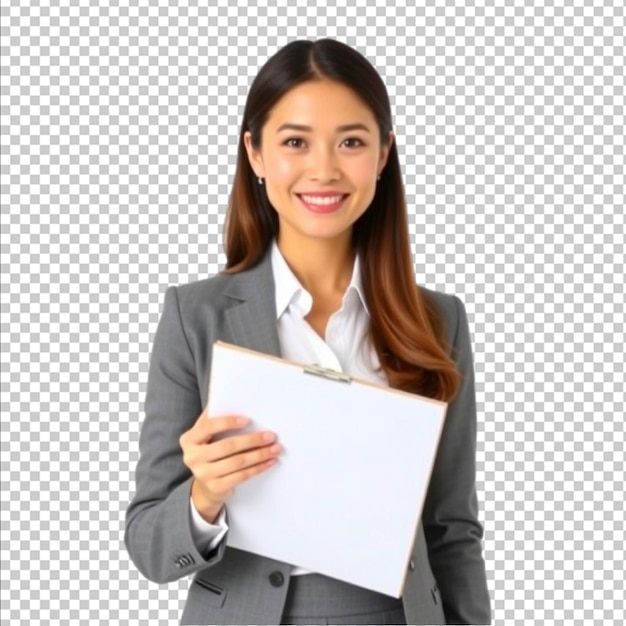 A businesswoman holding a clipboard dressed in professional attire against a white background