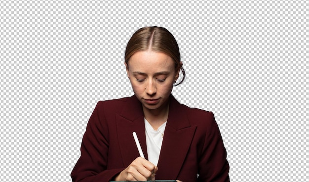 businesswoman holding a touch screen pad