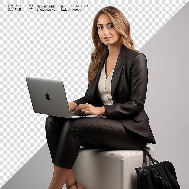 PSD Бизнесменка в черном пальто использует ноутбук с изолированным прозрачным фоном