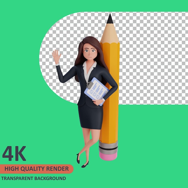 PSD businesswoman leaning on a giant pencil 3d rendering of character modeling