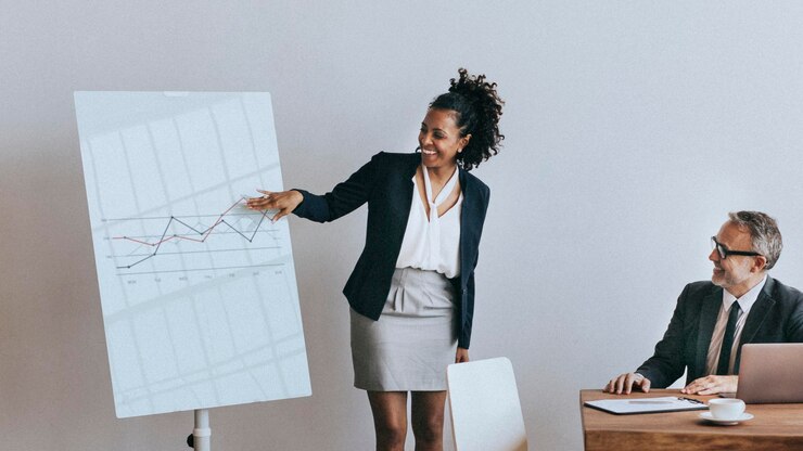 PSD businesswoman presenting report in a meeting mockup
