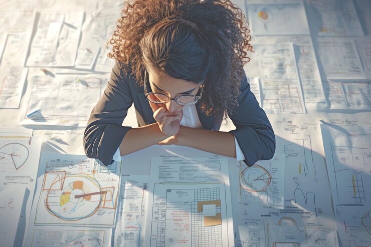 PSD a businesswoman sits on the floor surrounded by papers and graphs looking down thoughtfully