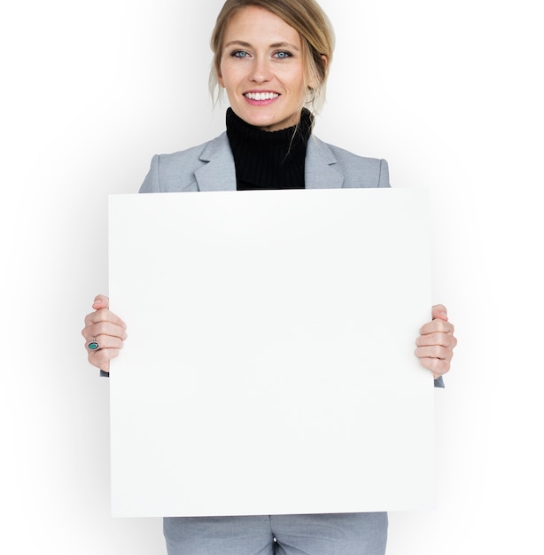businesswoman smiling happiness holding placard copy space concept