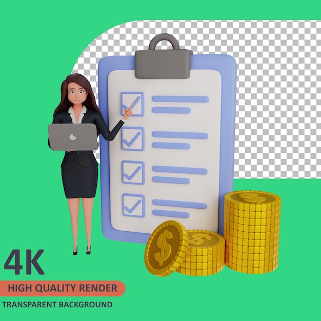 Businesswoman standing pointing to the list board 3d rendering of character modeling