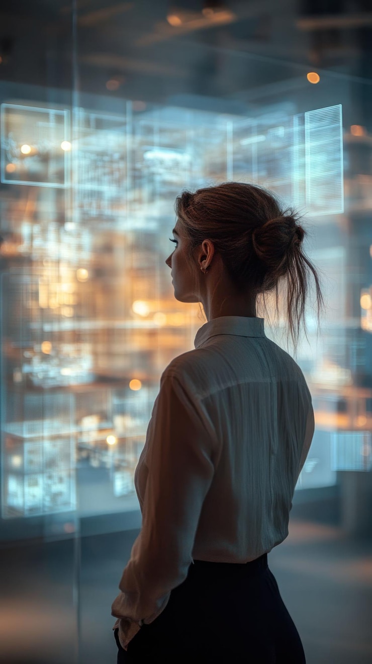 PSD a businesswoman stands in front of a large digital screen looking at the data displayed on it she is wearing a white shirt and black skirt the screen is filled with various images charts and graphs