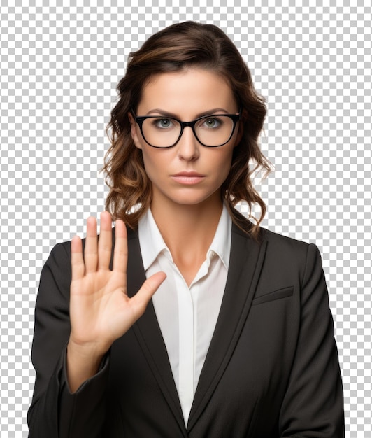 PSD businesswoman stop gesture isolated on transparent background