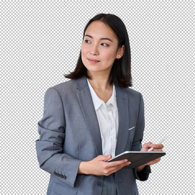 Businesswoman in a suit using a tablet