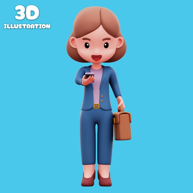 businesswoman using smartphone with briefcase 3d illustration
