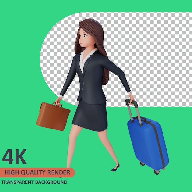 Businesswoman walking carrying bag and suitcase 3d rendering of character modeling