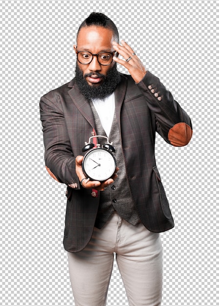 Bussines black man holding an alarm clock