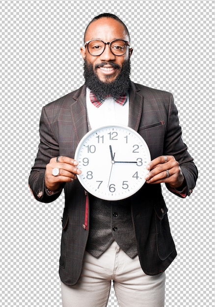 Uomo di colore di bussines che tiene un grande orologio