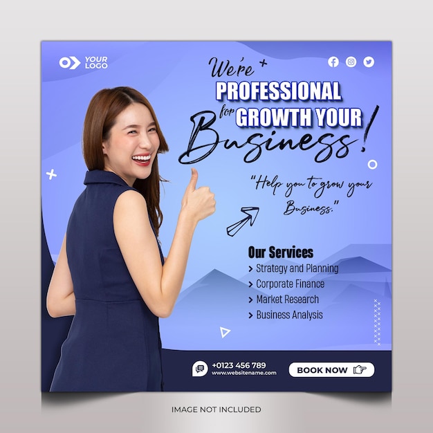 PSD bussiness social media poster with asian women thump up and smilling