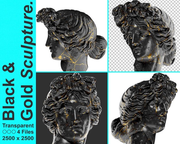 PSD busto di una giovane donna marmo nero lucido e statua d'oro perfetto per i social media di progettazione grafica