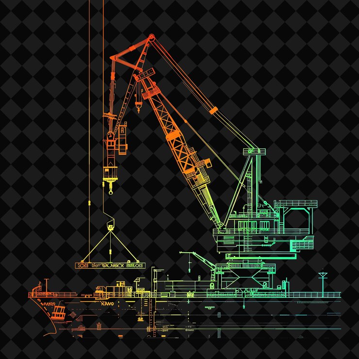 PSD bustling neon port with a silhouette of a crane the landscap png y2k ocean of light collections