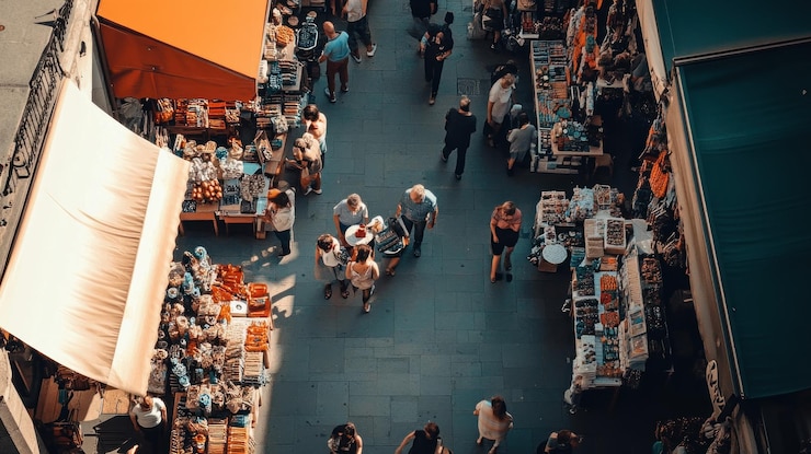 PSD a bustling outdoor market scene from above