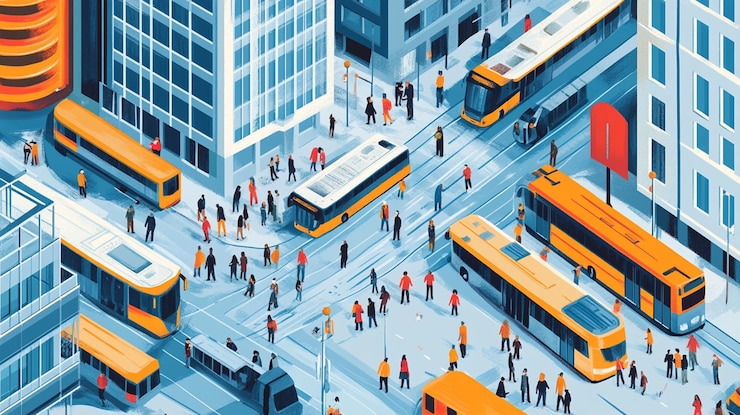 PSD busy city intersection with multiple buses and pedestrians