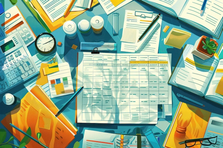PSD busy office desk with paperwork calendar supplies and a plant