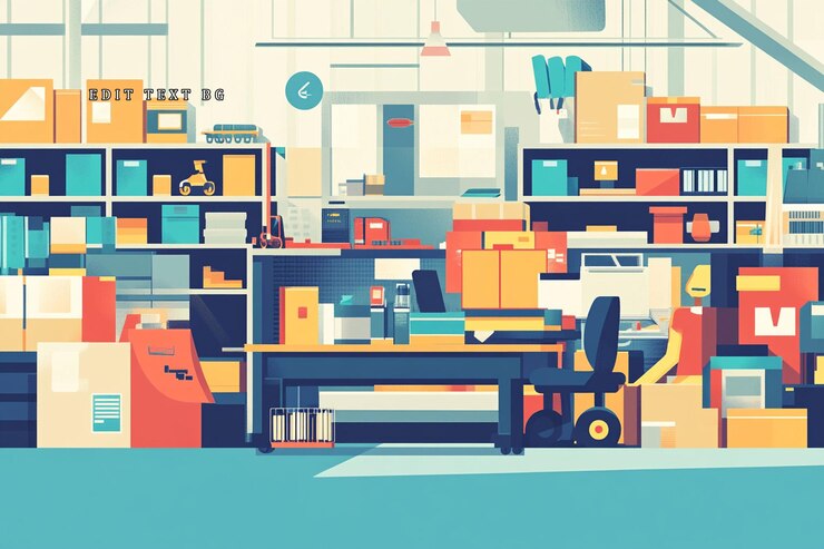 PSD busy warehouse interior with shelves full of cardboard boxes office supplies and equipment