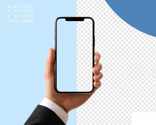 PSD 투명한 스크린을 가진 검은색 스마트폰을 손으로 들고 있는 바쁜 남자 투명한 배경에 고립된 모형 스마트폰 프레임리스 애플리케이션 디자인 개념