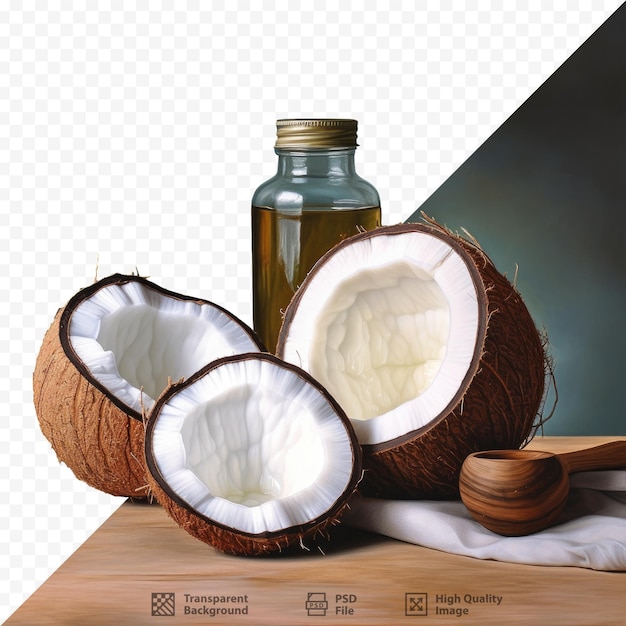 PSD butelka oleju kokosowego stoi na stole z butelką oleju kokosowego.