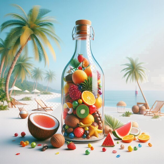 PSD butelka owoców jest na plaży z palmą na tle