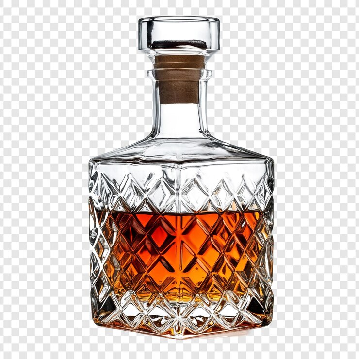 PSD butelka whisky z przezroczystym szklanką na przejrzystym tle