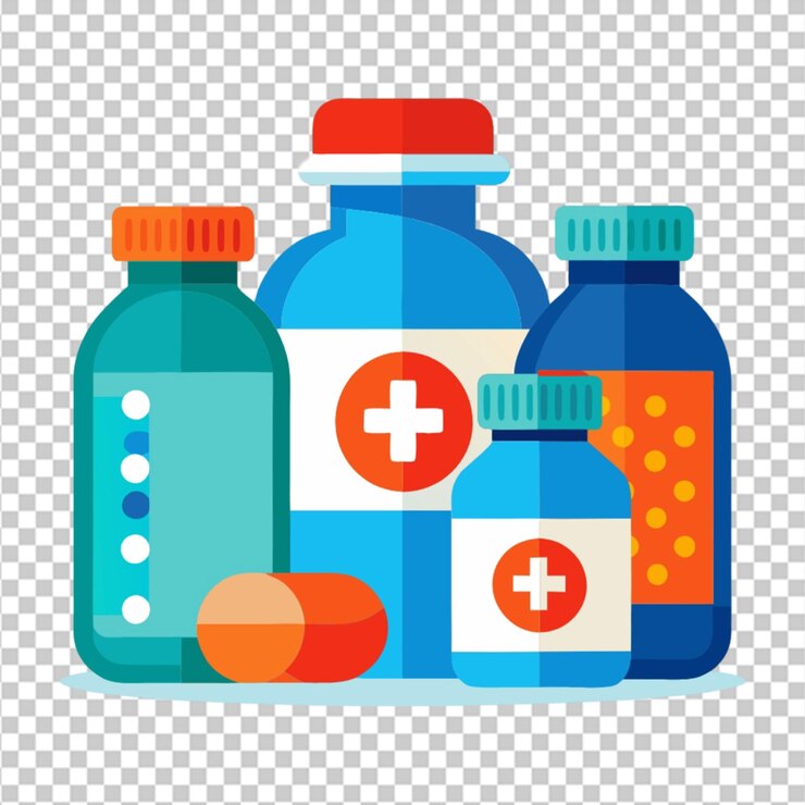 PSD butelki z tabletkami, lekarstwa, farmaceutyki na przezroczystym tle.