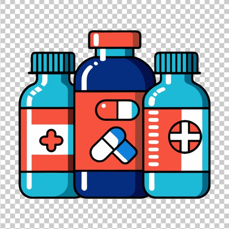 PSD butelki z tabletkami, lekarstwa, farmaceutyki na przezroczystym tle.