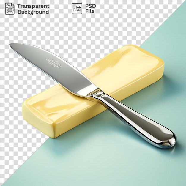 PSD butter knife and yellow box on blue table with silver handle