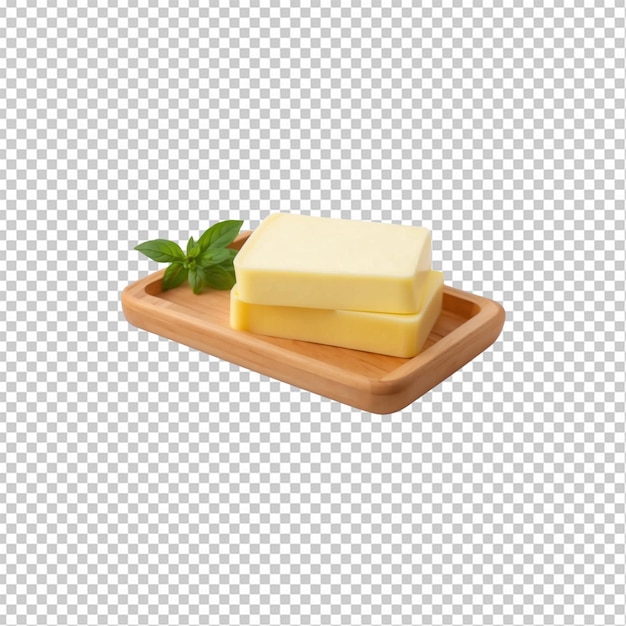 PSD butter on wooden tray with herb decoration on transparent bg