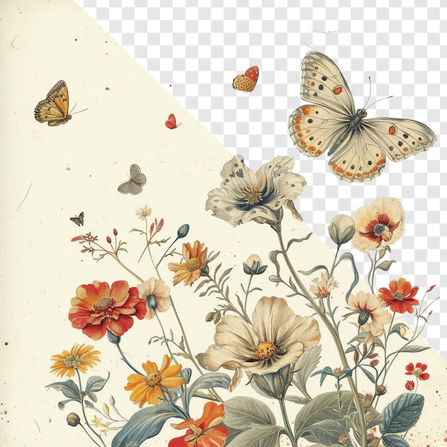 Butterflies and flowers drawing on creamy transparent background