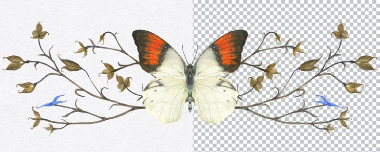 PSD butterfly hebomoia and meadow grass banners. natural watercolor illustration, vignette for greetings and invitation